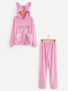 Shein Cat Hooded Embroidered Top & Pants Pj Set