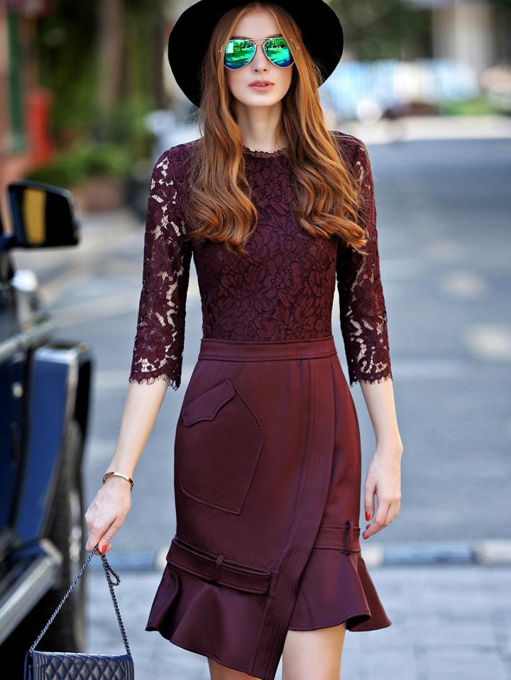 Shein Purple Round Neck Length Sleeve Lace Dress