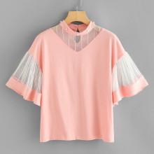 Shein Mesh Contrast Flounce Sleeve Top