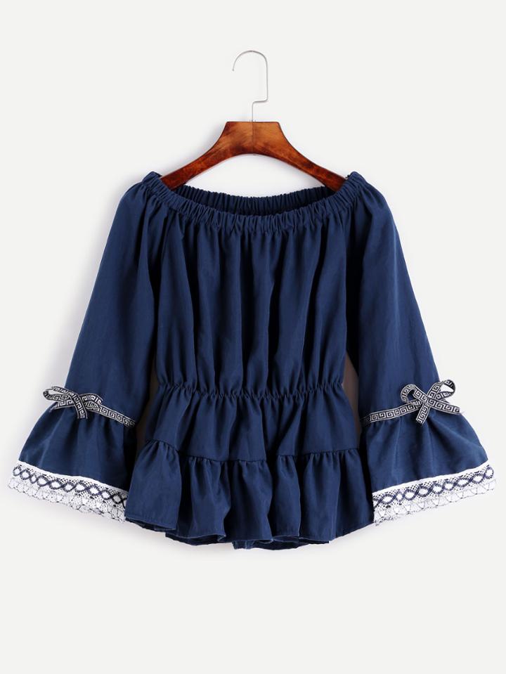 Shein Navy Embroidered Tape Detail Shirred Peplum Top