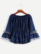 Shein Navy Embroidered Tape Detail Shirred Peplum Top