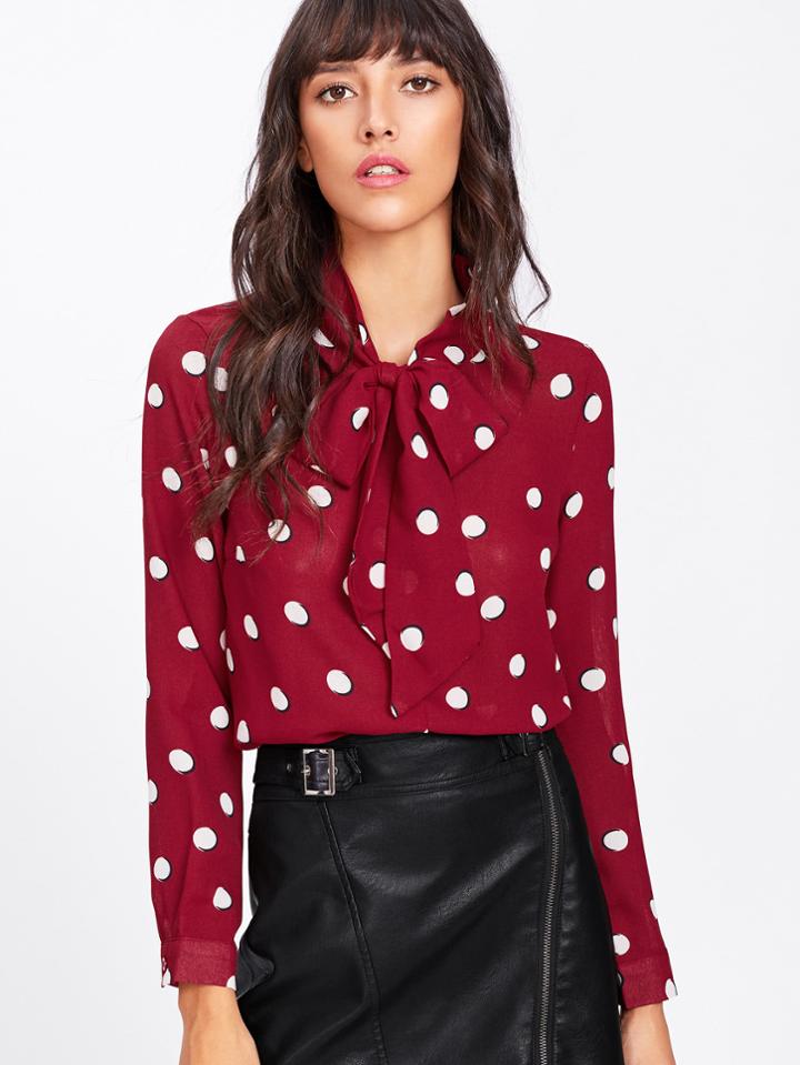 Shein Bow Tie Neck Dot Print Top