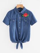 Shein Tie Front Rose Patch Chambray Top