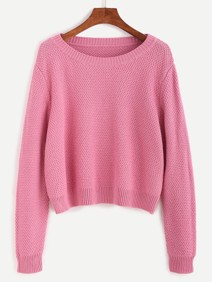 Shein Pink Ribbed Trim Textured Pullover Sweater