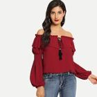 Shein Pleated Foldover Tassel Tie Neck Off Shoulder Top