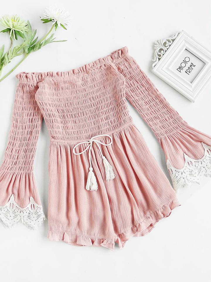 Shein Smocked Bodice Drawstring Waist Lace Trim Bell Sleeve Romper