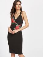 Shein Black Embroidered Rose Applique Surplice Front Crisscross Back Dress