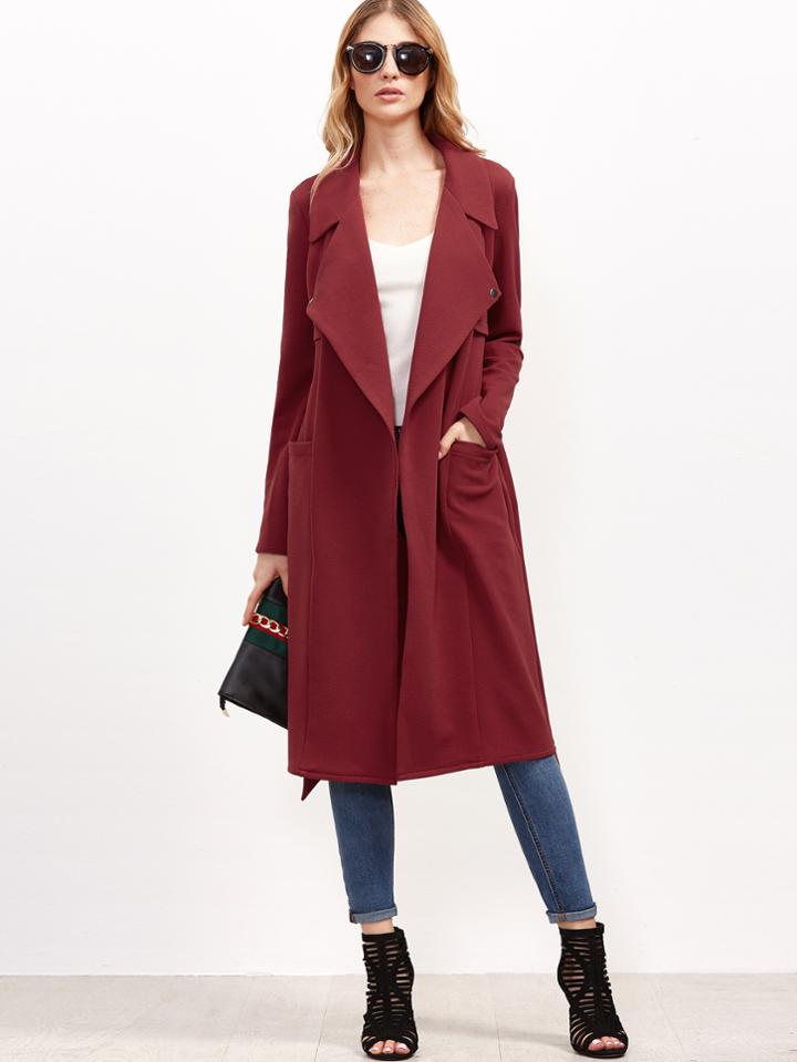 Shein Burgundy Notch Collar Pocket Front Belted Coat