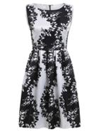 Shein Leaves Print A-line Dress With Zipper