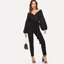 Shein Bishop Sleeve Belted Wrap Jumpsuit