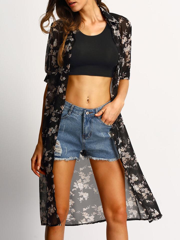 Shein Elbow Sleeve Florals Chiffon Shirt