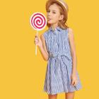 Shein Girls Self Belted Button Front Striped Dress