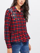 Shein Flower Embroidered Frill Hem Checked Blouse
