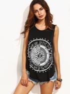 Shein Print In Black Round Neck Tank Top