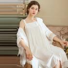 Shein Contrast Lace Frill Trim Night Dress With Robe