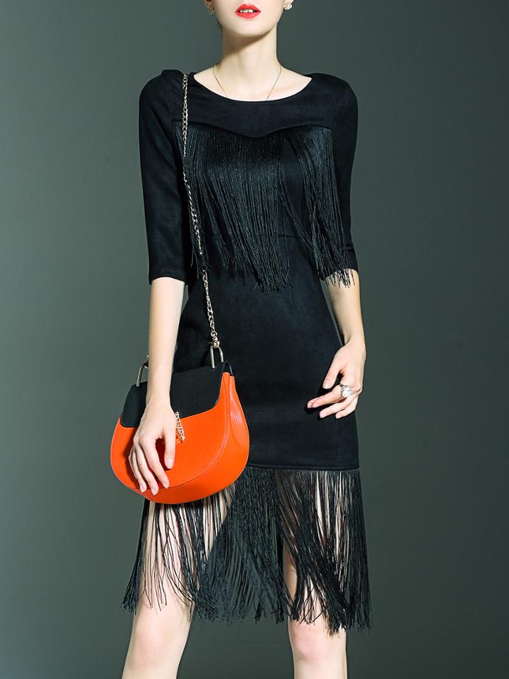 Shein Black Contrast Fringe Sheath Dress