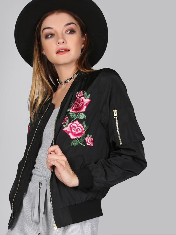Shein Floral Satin Finish Bomber Jacket Black