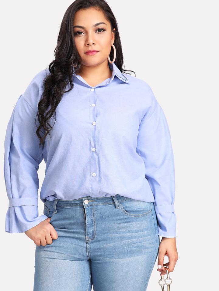 Shein Embroidered Neck Pleated Sleeve Shirt