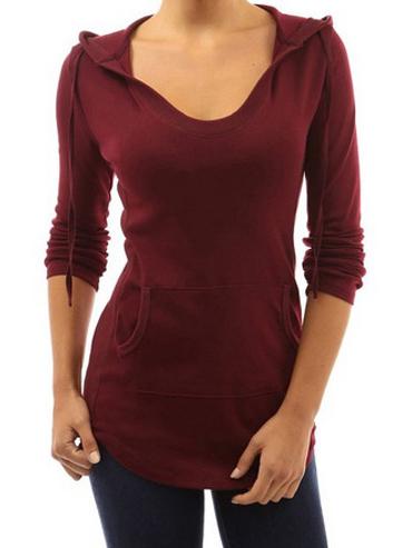 Shein Burgundy Hooded Long Sleeve Slim T-shirt