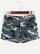 Shein Blue Camo Print Cuffed Denim Shorts