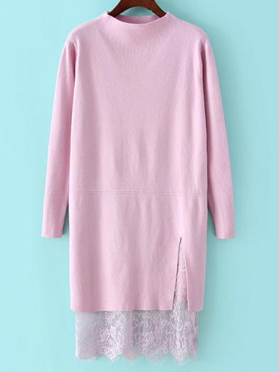 Shein Pink Mock Neck Lace Hem Sweater Dress