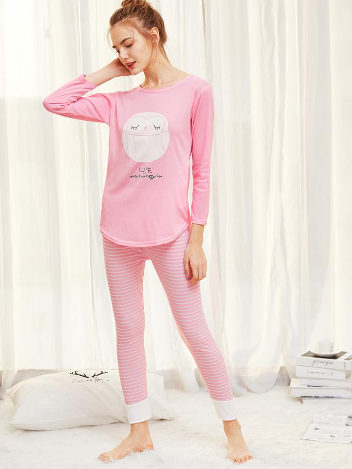 Shein Owl Print Top & Striped Pants Pj Set