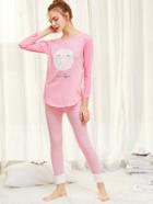Shein Owl Print Top & Striped Pants Pj Set