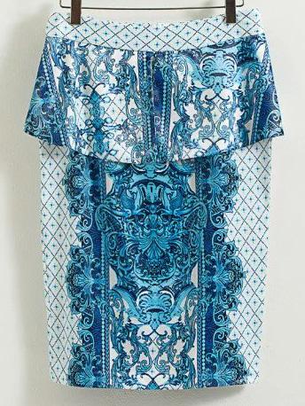 Shein Blue And White Porcelain Peplum Print Pencil Skirt