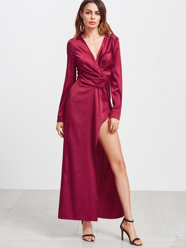 Shein Deep V Neck Twist Front Long Sleeve Dress