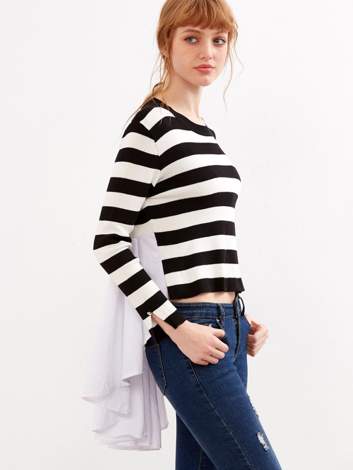 Shein Contrast Striped Ruffle Hem High Low T-shirt