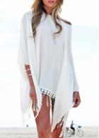 Rosewe Long Sleeve Fringe Decorated White Beach Dress