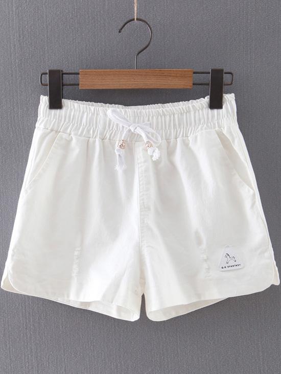 Shein White Pockets Ripped Hole Elastic Tie-waist Shorts