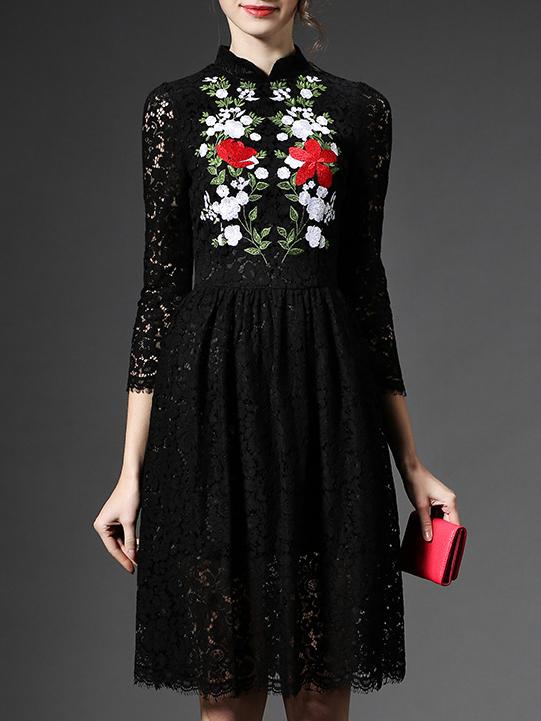 Shein Black Embroidered Lace A-line Dress