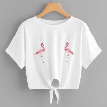 Shein Flamingo Embroidered Knot Hem Tee
