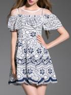 Shein White And Blue Porcelain Ruffle A-line Dress