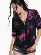 Shein Plunging Grommet Lace Up Neck Tie Dye T-shirt