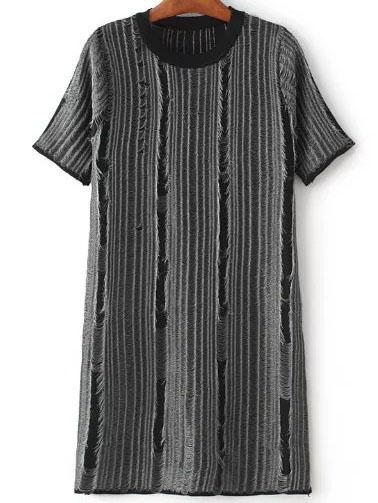 Shein Black Fringe Detail Textured Knit Shift Dress