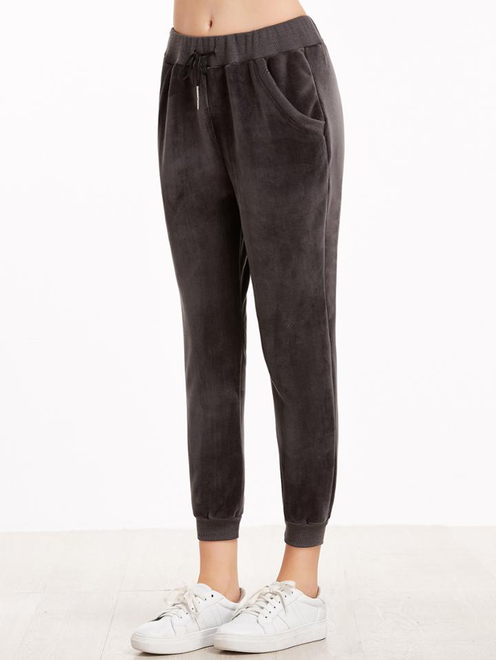 Shein Dark Grey Drawstring Ribbed Trim Velvet Pants