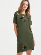 Shein Olive Green Distressed Short Sleeve Tee Dress