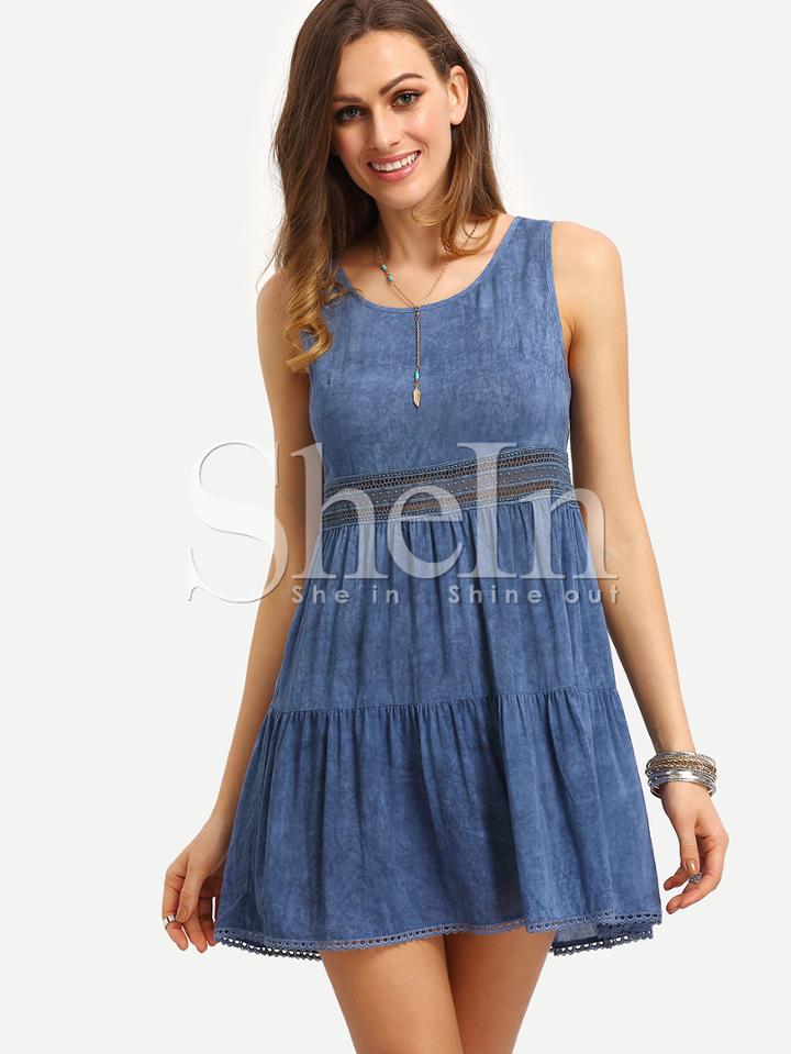 Shein Blue Sleeveless Pleated Patchwork Dress