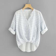 Shein Rolled Up Sleeve Grid Dip Hem Blouse