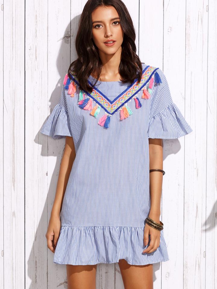 Shein Blue Vertical Striped Ruffle Dress With Embroidered Tape Detail