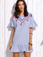 Shein Blue Vertical Striped Ruffle Dress With Embroidered Tape Detail