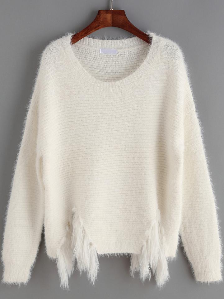 Shein White Round Neck Faux Fur Embellished Sweater