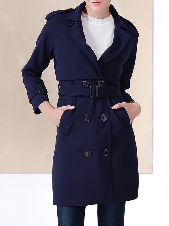 Shein Navy Lapel Belted Pockets Coat