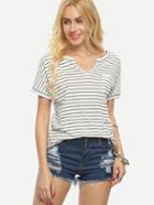 Shein Black And White Striped V Neck Short Sleeve T-shirt
