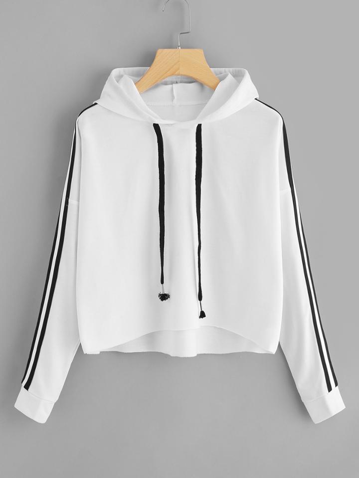 Shein Stripe Tape Drop Shoulder Raw Hem Hoodie