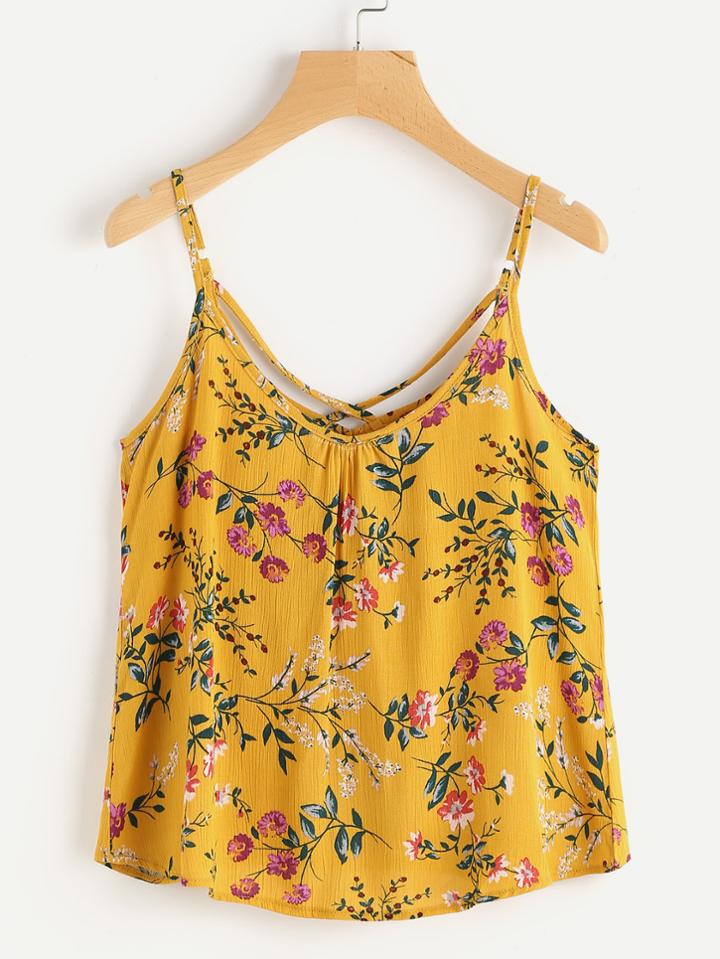Shein Ditsy Print Random Cross Back Pleated Cami Top