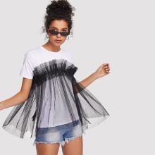 Shein Mesh Panel Frill Trim Tee