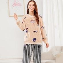Shein Cartoon Print Plush Top & Striped Pants Pj Set